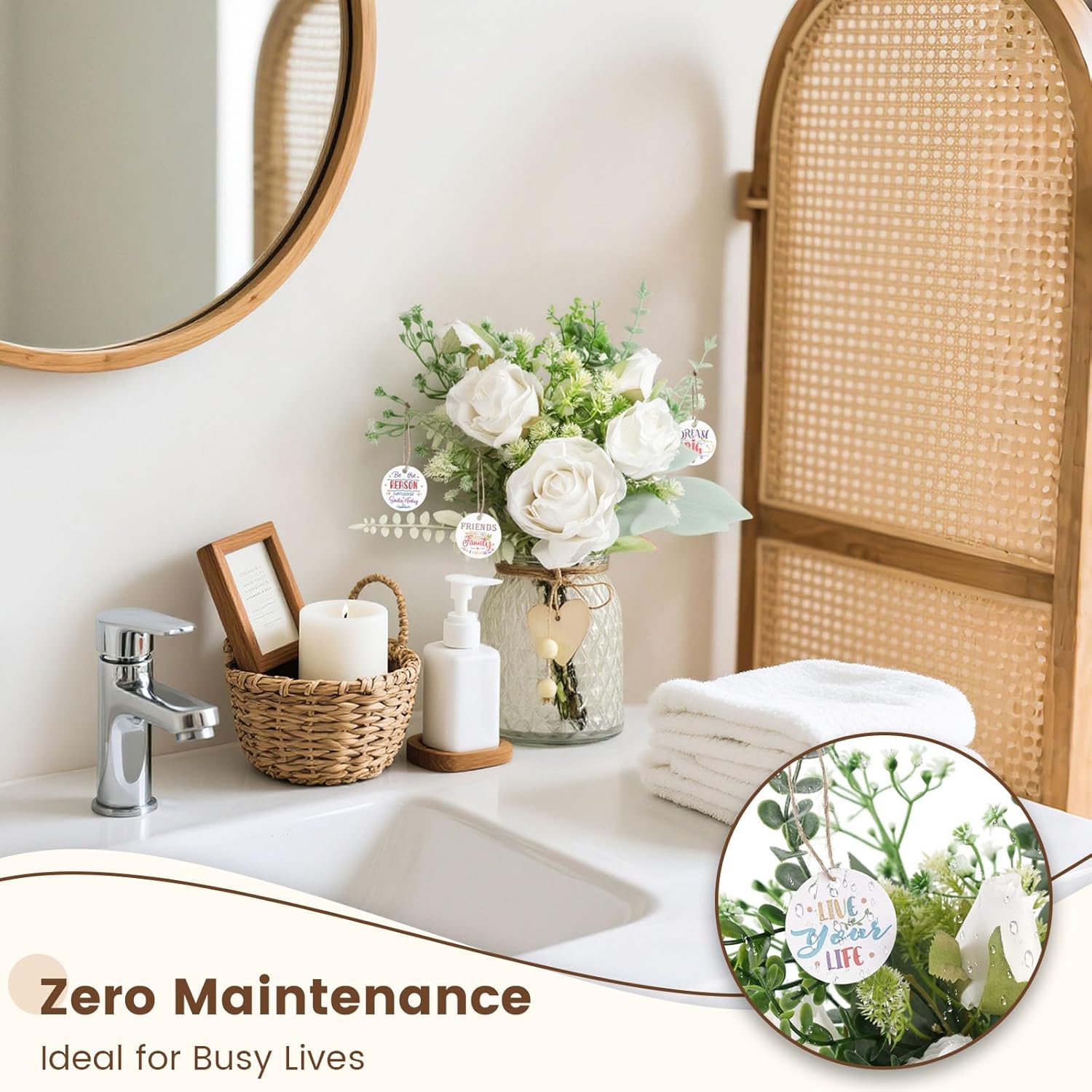 JOHOUSE 12.5inch Artificial Flowers Bulks in Vase, White Fake Roses in Vase Lifelike Faux Flower Arrangement for Wedding Home Table Centerpieces - Image 3