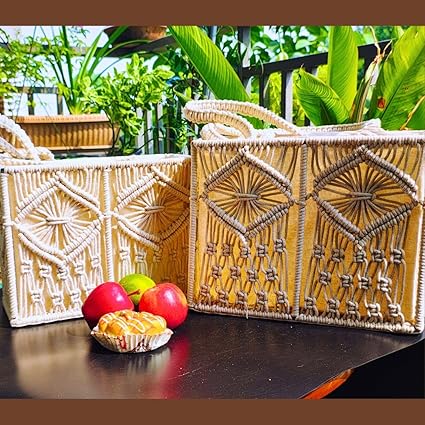Boho Macrame Multipurpose basket Set of 2- White| Macrame Sling Bag Basket for Picnic | Macrame Boho Organizer for table top|Bathroom| Macrame Handwoven Book Organizer