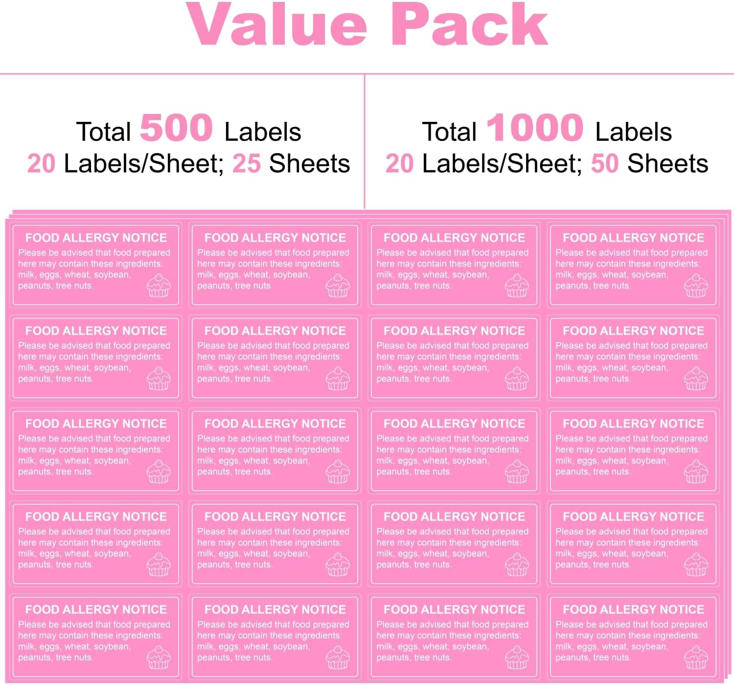 1000 pcs Food Allergy Stickers, 1x2 Inch Food Labels for Food, Bakery, Cookie, Kitchen