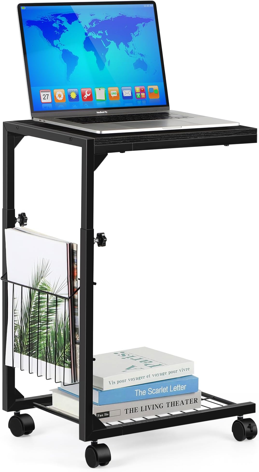 SHINOSKE Adjustable C Table - C Shaped Side Table with Wheels for Living Room and Bedroom,with Storage Mesh Basket,Slide Under Sofa Table or Use as Laptop Table,C Table End Table,Black Willow
