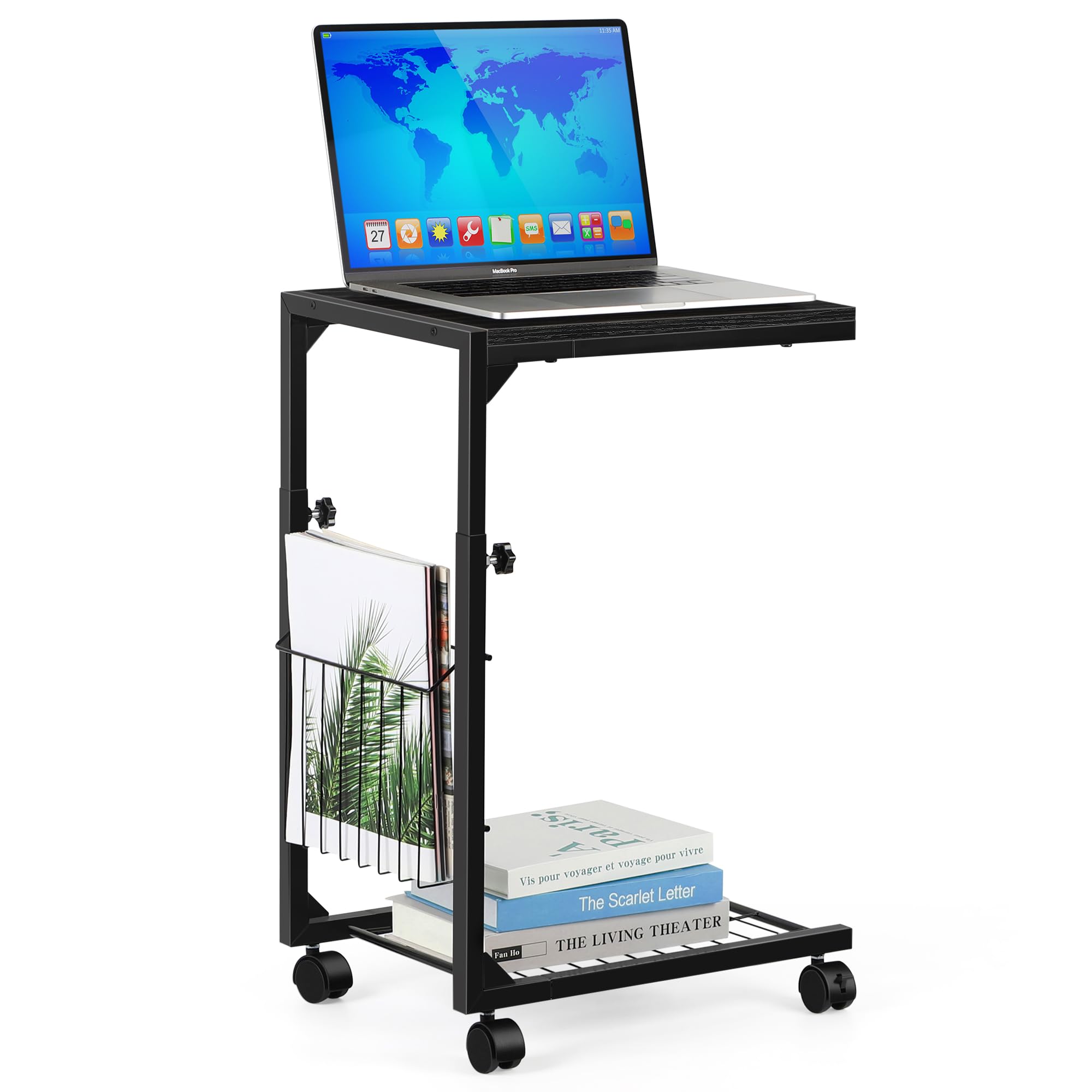 Shinoske Adjustable C Table - C Shaped Side Table with Wheels for Living Room and Bedroom,with Storage Mesh Basket,Slide Under Sofa Table or Use as Laptop Table,C Table End Table,Black Willow