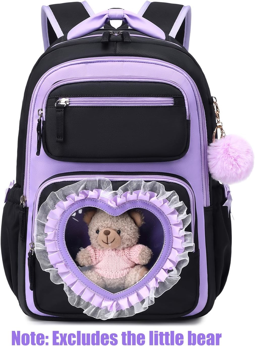 MOONBABY Girls Backpack for School, 17" Lightweight Water-resistant Elementary/Middle School Bookbag with Clear Heart Pocket, Cute Bowknot Ballet Style for Ages 6-14 Kids