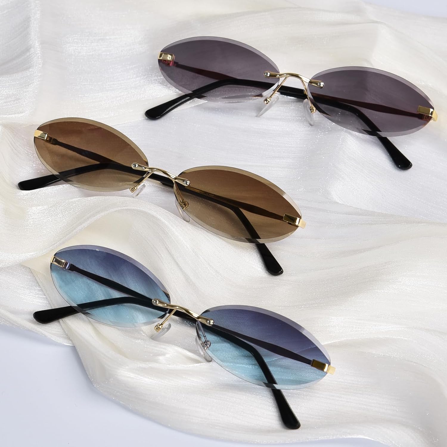 Rimless Oval Sunglasses for Women UV400 Protection Trendy Retro Metal Frame Sun Glasses Narrow Shades Y2K Sunnies - Image 5