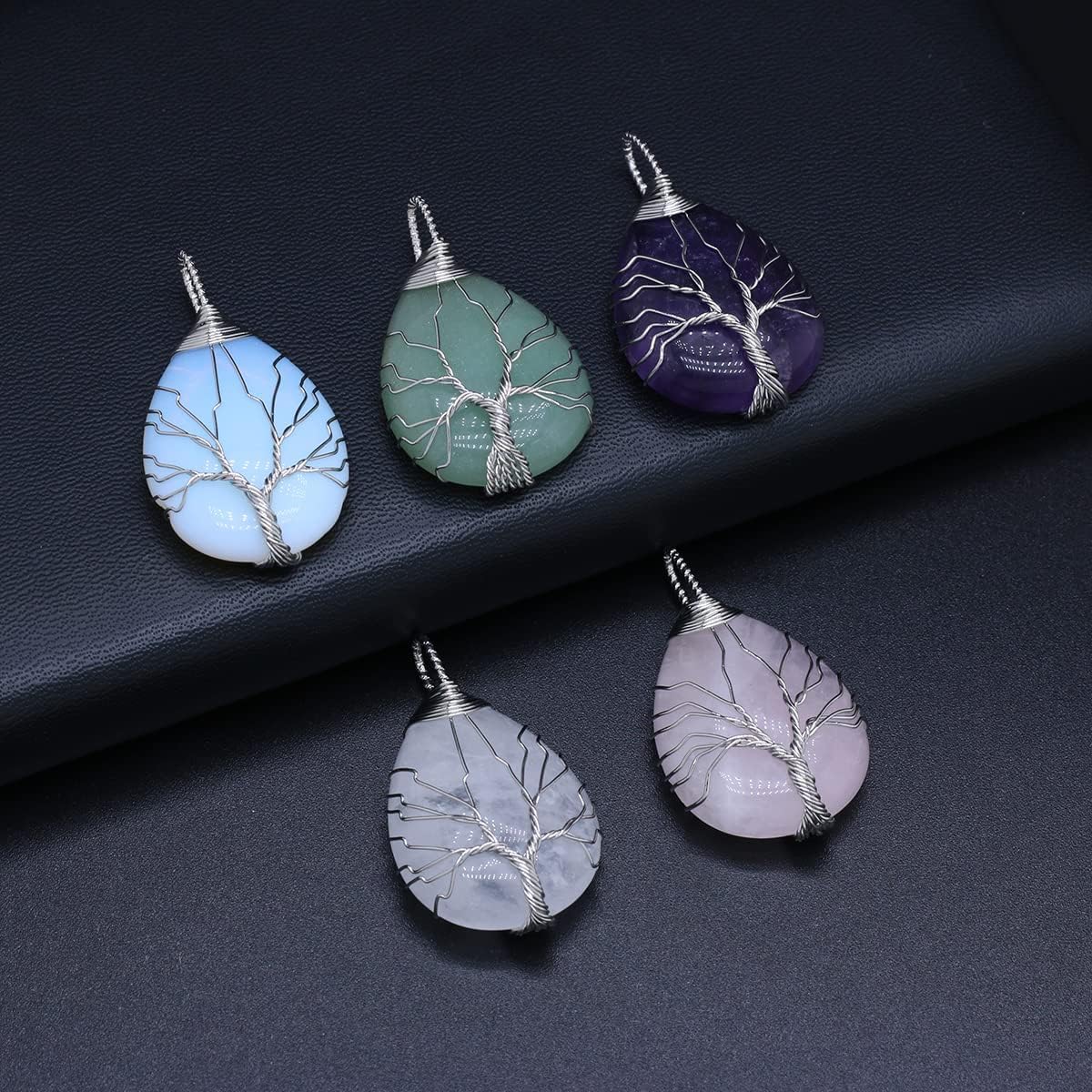 LHJ 4 Pcs Natural Stone Pendants Water Drop Shape Chakra Crystal Agate Stone Wire Knitting Life Tree Design for Jewelry Making Necklace Decoration Meditation - Image 4