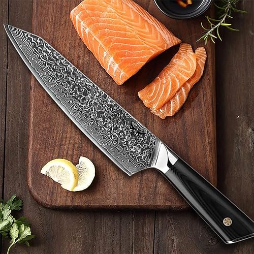 Miniatura 5 de ONEONTA Cuchillo de chef japonés de 8 pulgadas, cuchillo de cocina de Damasco profesional, acero japonés AUS-10V, mango G10, 67 capas