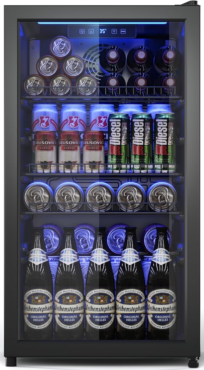 Tehanld Beverage Fridge, 130 Can Mini Fridge With Glass Door, Beverage Cooler Refrigerator, Wine Drink Beer Cooler, Adjustable Shelves & Digital Temperature Display : Appliances