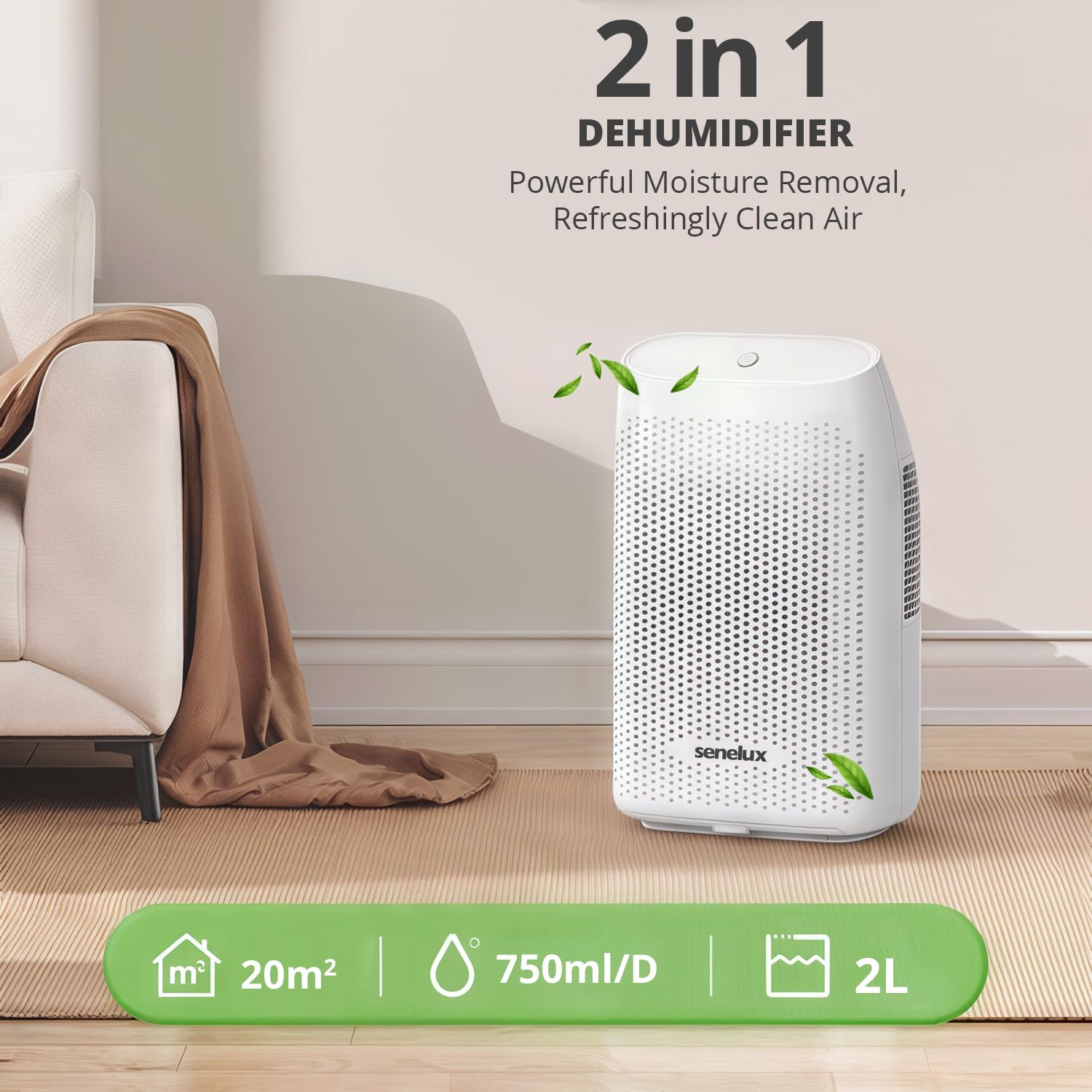 Senelux Osuszacz powietrza 2000 ml, elektryczny, ultra cichy, automatyczne wyłączanie, biały, tryb komfortu, idealny do domu, sypialni, szafy