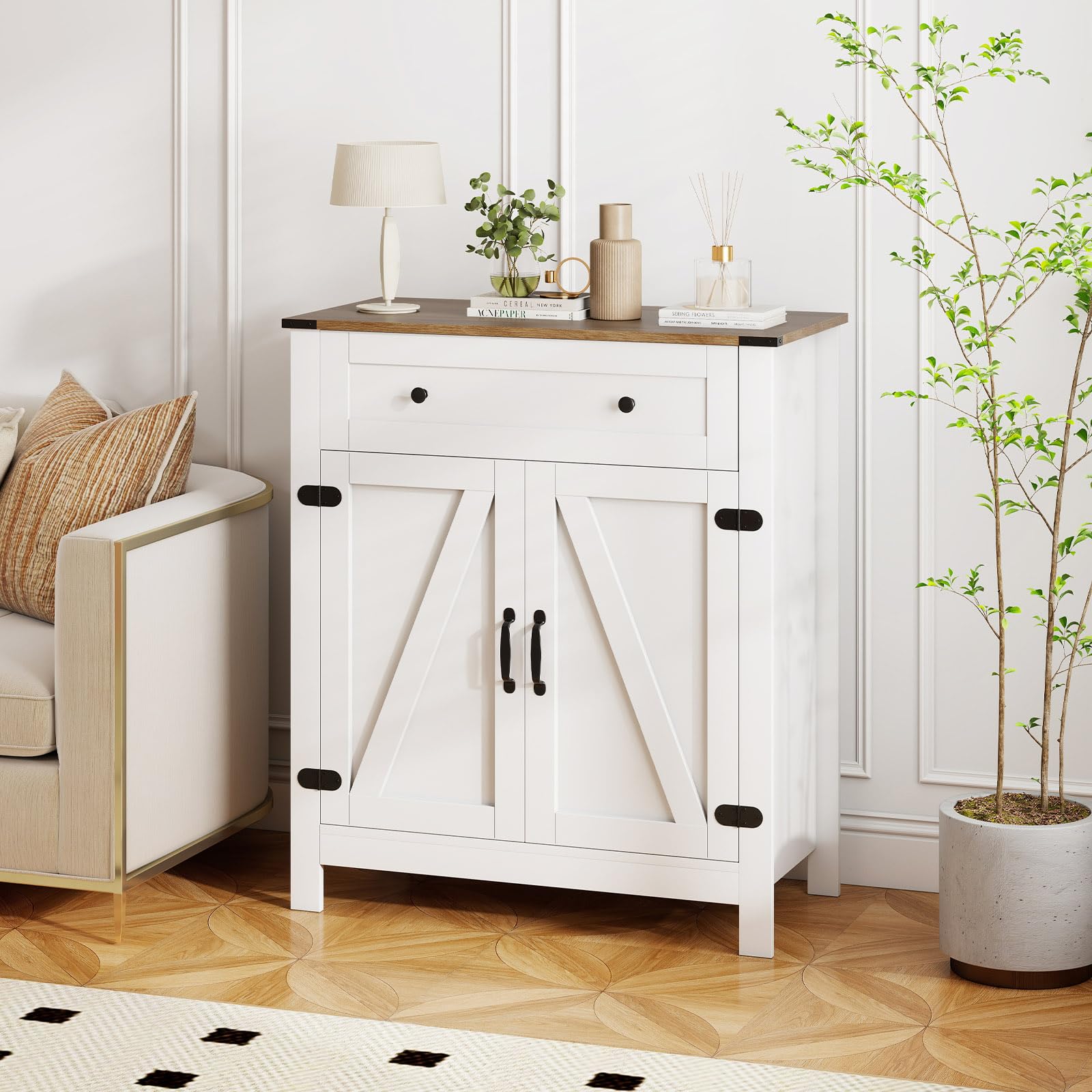 GIANTEX Buffet de cuisine - Commode avec plan de travail - Armoire de buffet avec tiroir et étagère réglable - En bois - Style maison de campagne - Armoire polyvalente debout - 80 x 40 x 92 cm - Blanc