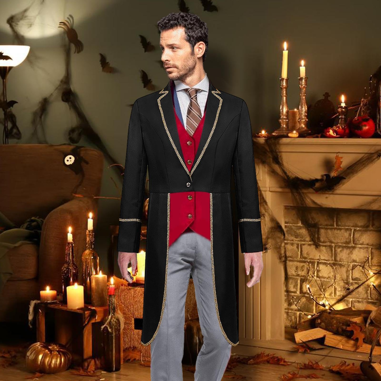 Steampunk Tailcoat - Disfraz gótico vintage de Halloween con ribete dorado