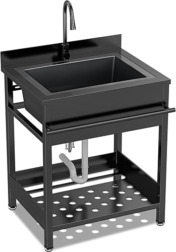 Miniatura 42 de Fregadero utilitario de pie individual fregadero de cocina con tubo de agua fría y caliente, fregadero de acero inoxidable para lavandería, baño