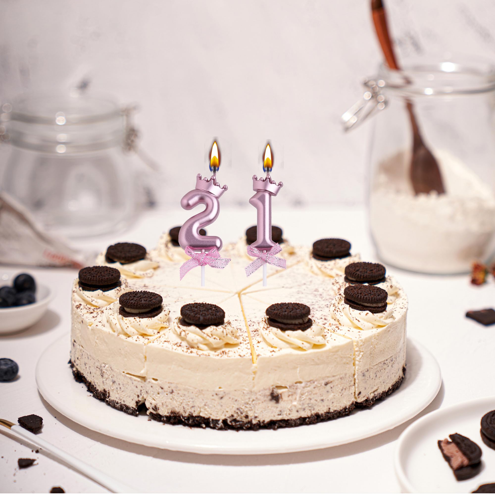 Vela de cumpleaños número 21, velas metálicas sin humo para tarta número 21 | Corona 3D y lazo con purpurina número 21 para decoración de tarta para aniversario, fiesta de cumpleaños