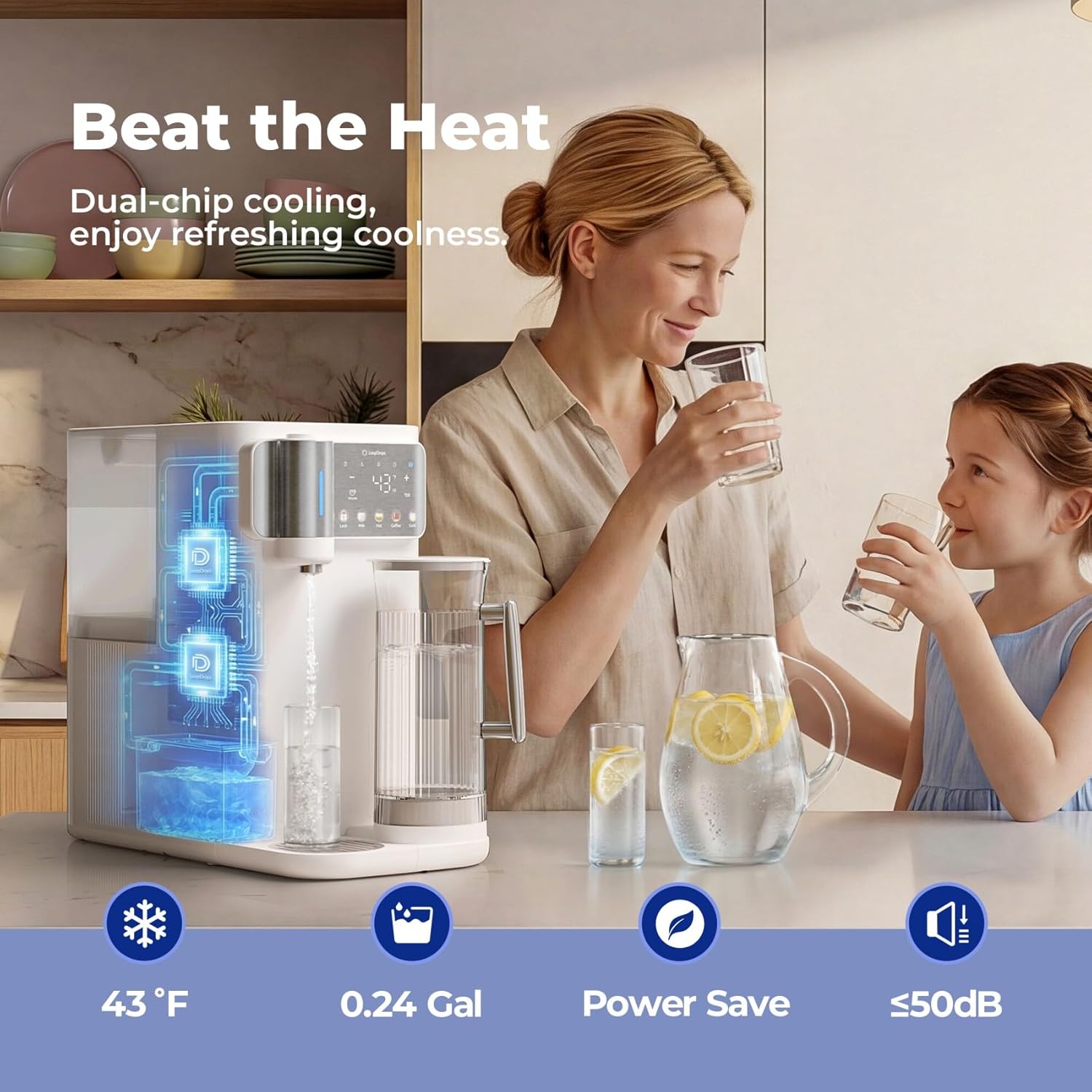 Countertop Reverse Osmosis System with Hot & Cold Water, Large Capacity, 6-Stage RO Filter with Mineralization, 3:1 Pure to Drain, TDS, Autofill Pitcher, Child Lock