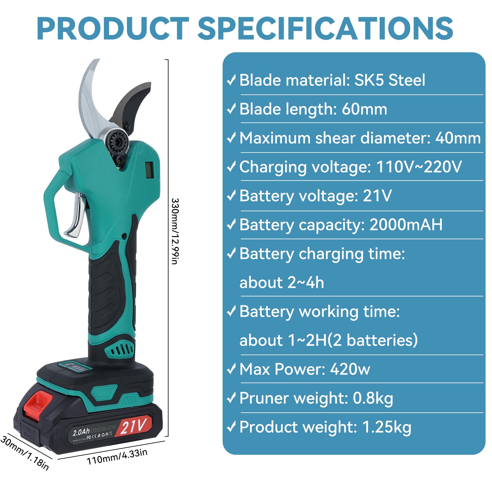 Sécateur Électrique Sans Fil 40 mm- 2M Perche Télescopique-Coupe Branche Électrique avec Écran,Secateur a Batterie 2×2000 mAh, 3 Réglages, pour la taille, le jardinage, les vergers