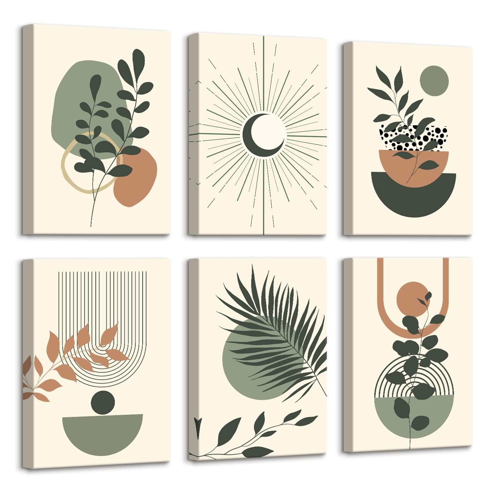 6 Pcs Wooden Framed Canvas Wall Art Set Brown Sage Green Boho Canvas Prints Minimalist Geometric Line Leaf Sun Moon Painting Poster Pictures for Living Room Bedroom Hallway Wall Decor 20x30 cm x6