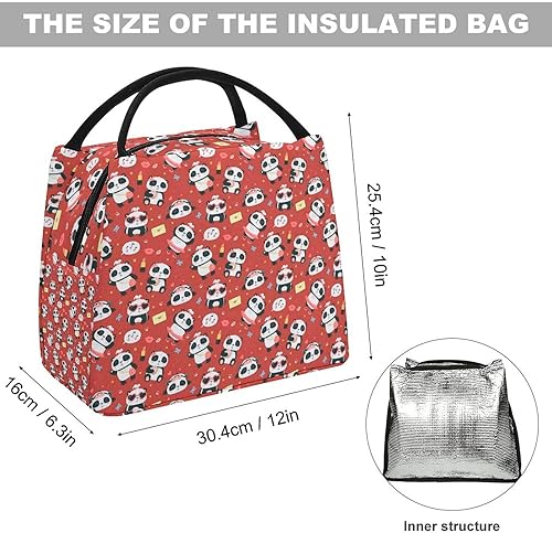 Miniatura 2 de Linda bolsa de almuerzo de pandas aislada, bolsa de mano para alimentos para mujeres y hombres