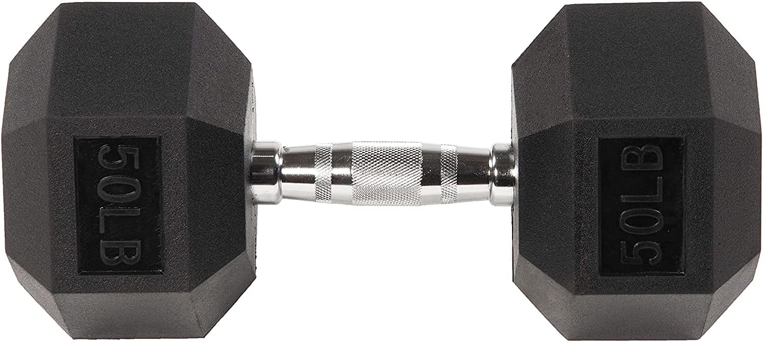 Rubber Encased Exercise & Fitness Hex Dumbbell, Hand Weights with Anti-Slip Metal Handle for Home Gym, Multiple Sizes
