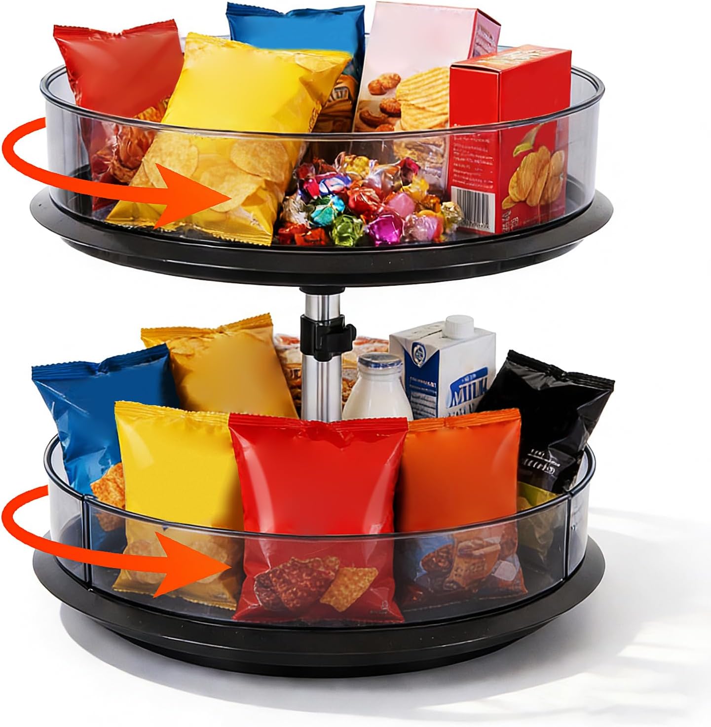 2 Tier Snack Carousel, Rotary Turntable Organizer for Snack Bar Organizer and Snack Display, Countertop & Under Sink Organizer for Snack Storage, Tray has Removable Dividers, Easy Assembly