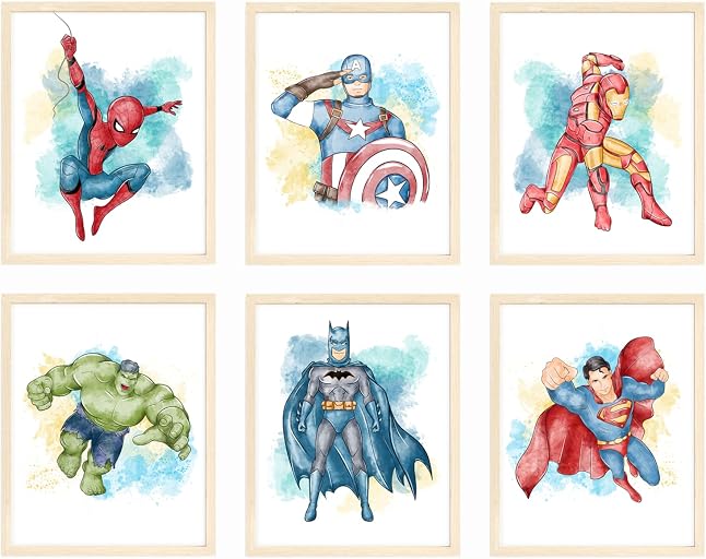 Nistio® Superhero Wall Decor, Superhero Wall Art for Boys Bedroom, Avengers Prints, Set of 6 Prints, Iron Man, Captain America, Hulk, Superman, Unframed, 8x10 inches