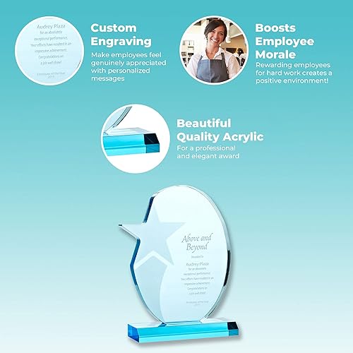 Miniatura 9 de Trofeo grabado - Acrílico azul cielo - Premio para empleados - Grabado personalizado de hasta tres líneas y selección de versos preescritos