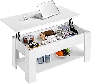 Yaheetech Lift Top Coffee Table w/Hidden Storage Compartment and Storage Shelf - Lift Tabletop for Living Room Reception Room, White