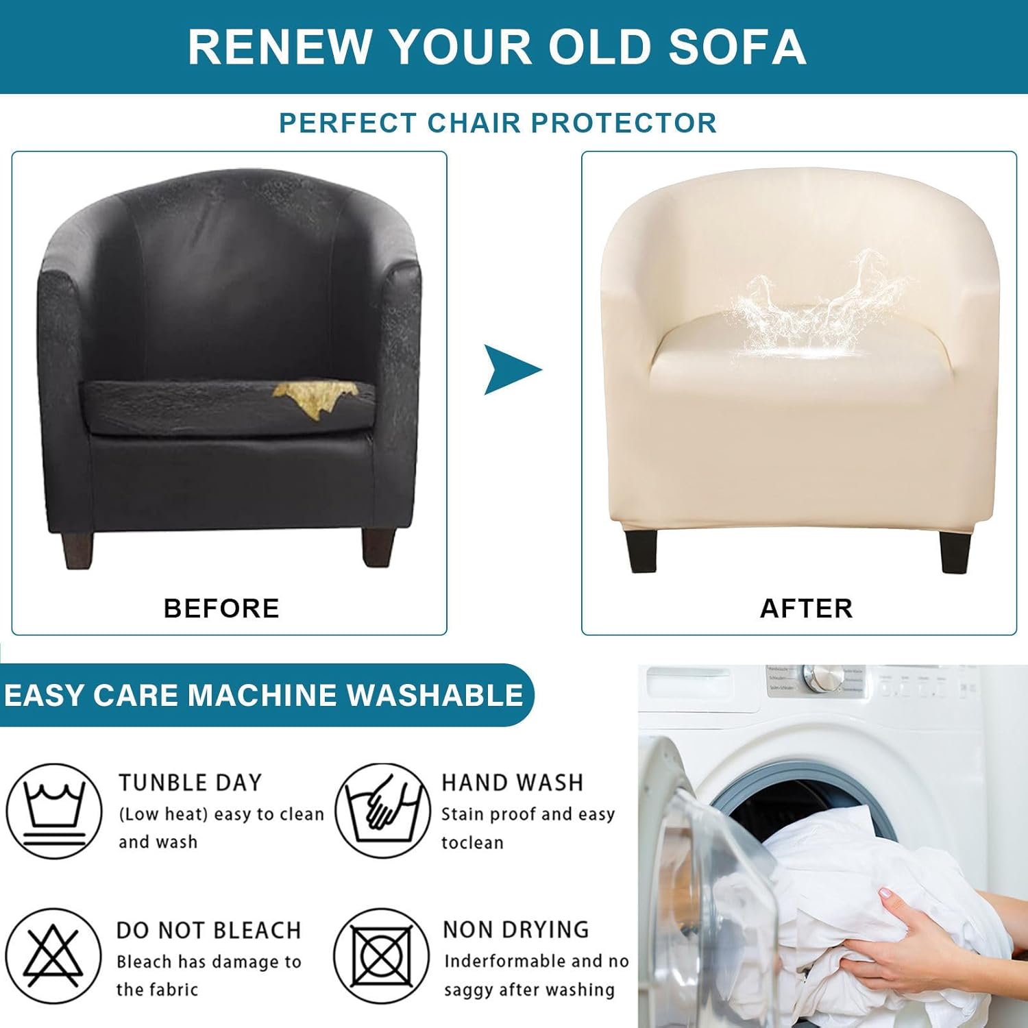 Club Chair Slipcover PU Leather, Waterproof Tub Chair Cover Stretch Non Slip Armchair Sofa Cover Living Room Round Barrel Chair Covers Furniture Protector-Beige-1 Piece