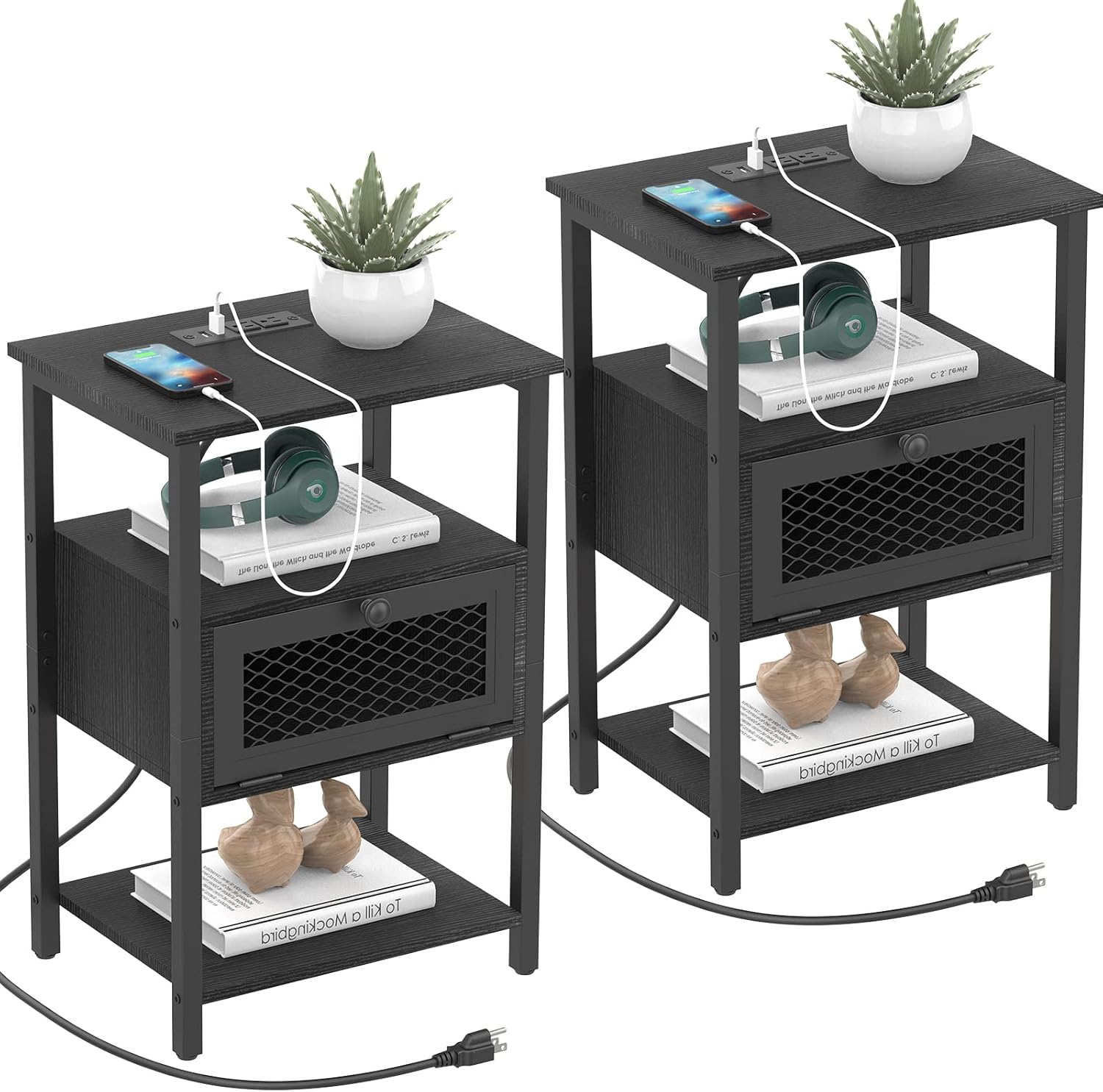 Black Nightstand Set of 2 with Charging Station Modern Bedside Table