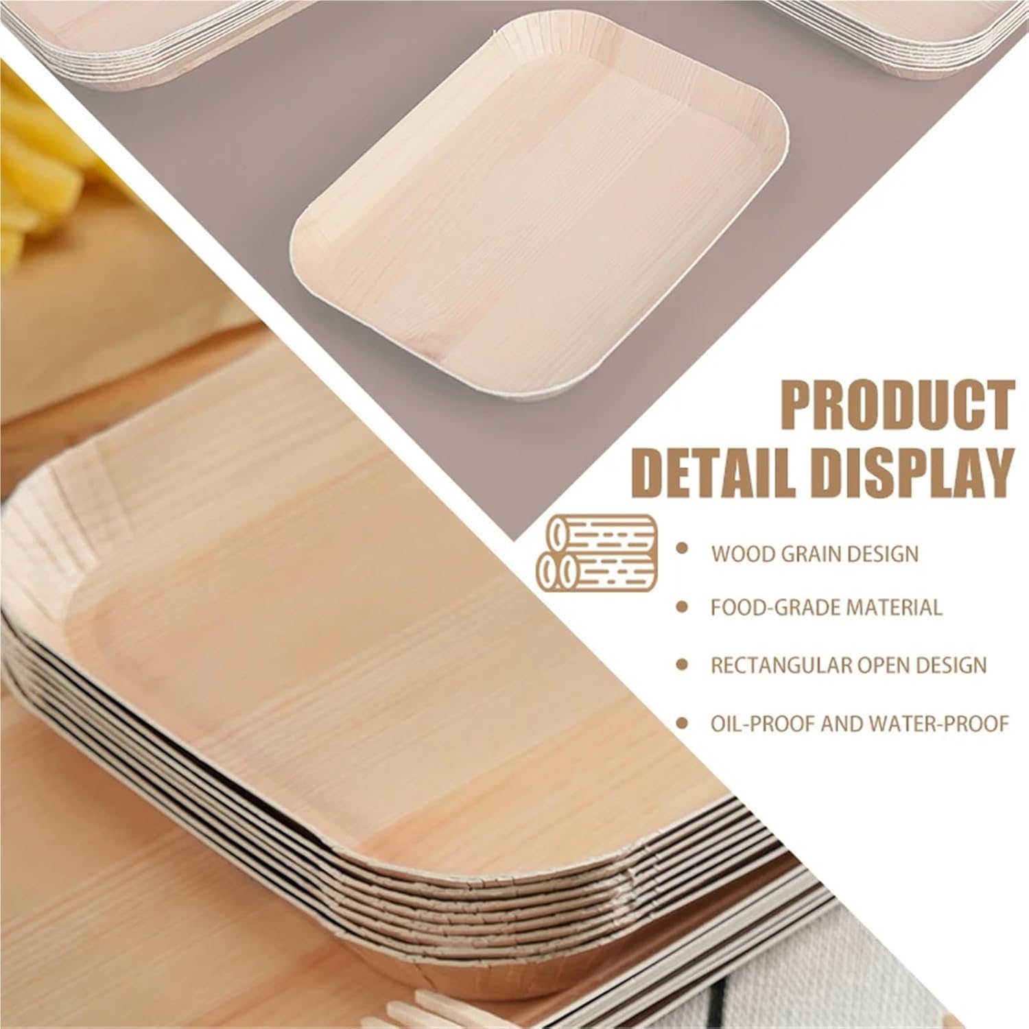 Disposable Paper Plates 40pcs Disposable Rectangle Wood Plates Paper Tray Tableware Desserts Bread Salad Dinner Party Table Accessorie Container(M-Plates)