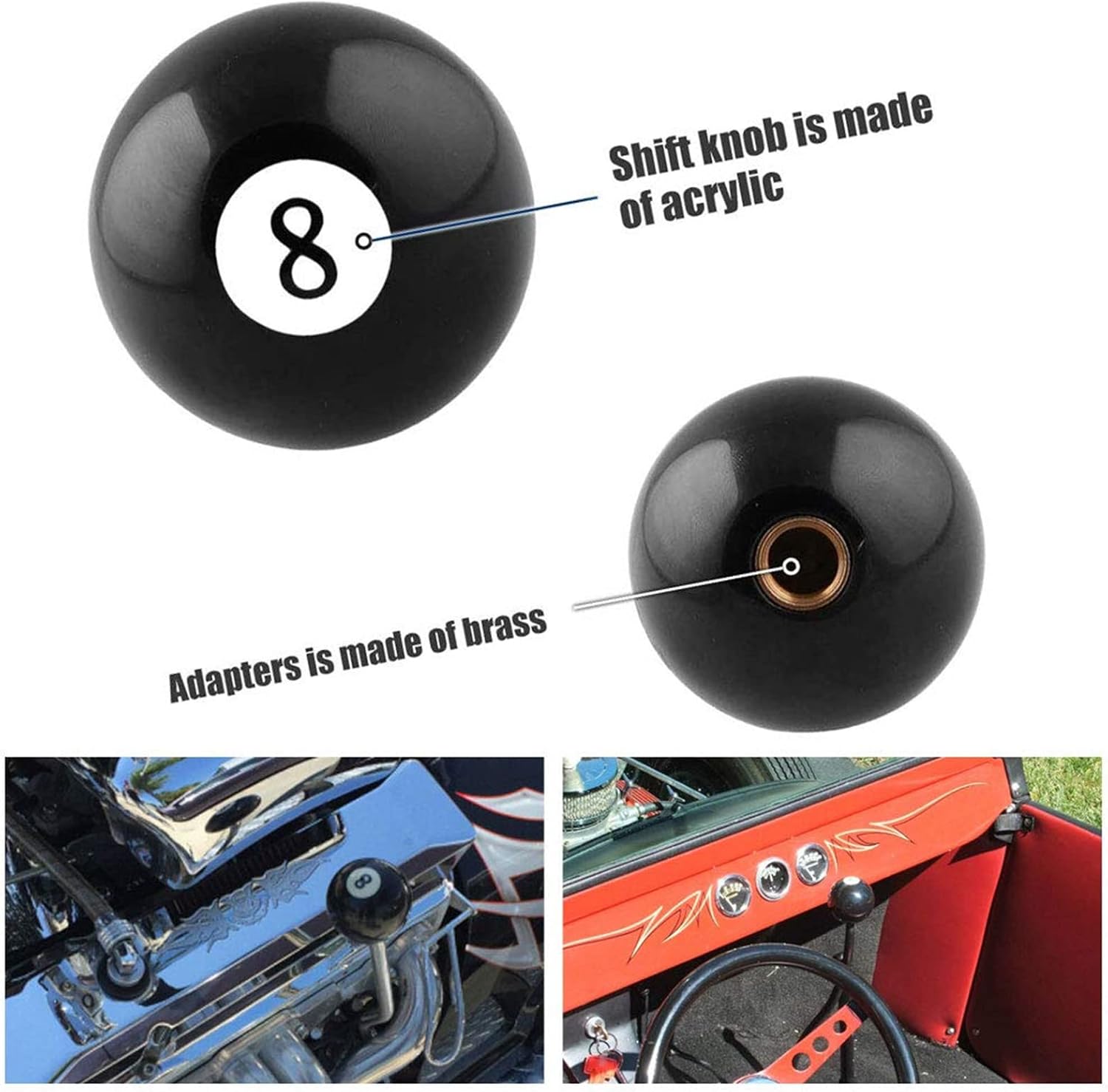 RYANSTAR Shift Knob Black 8 Ball Billiard Acrylic Gear Shift Lever Shift Knob Black Shaped Round Manual with 3 Adapters Universal Fit Compatible with Manual Car M 81.25, M 101.25, M 101.5, M 121.25
