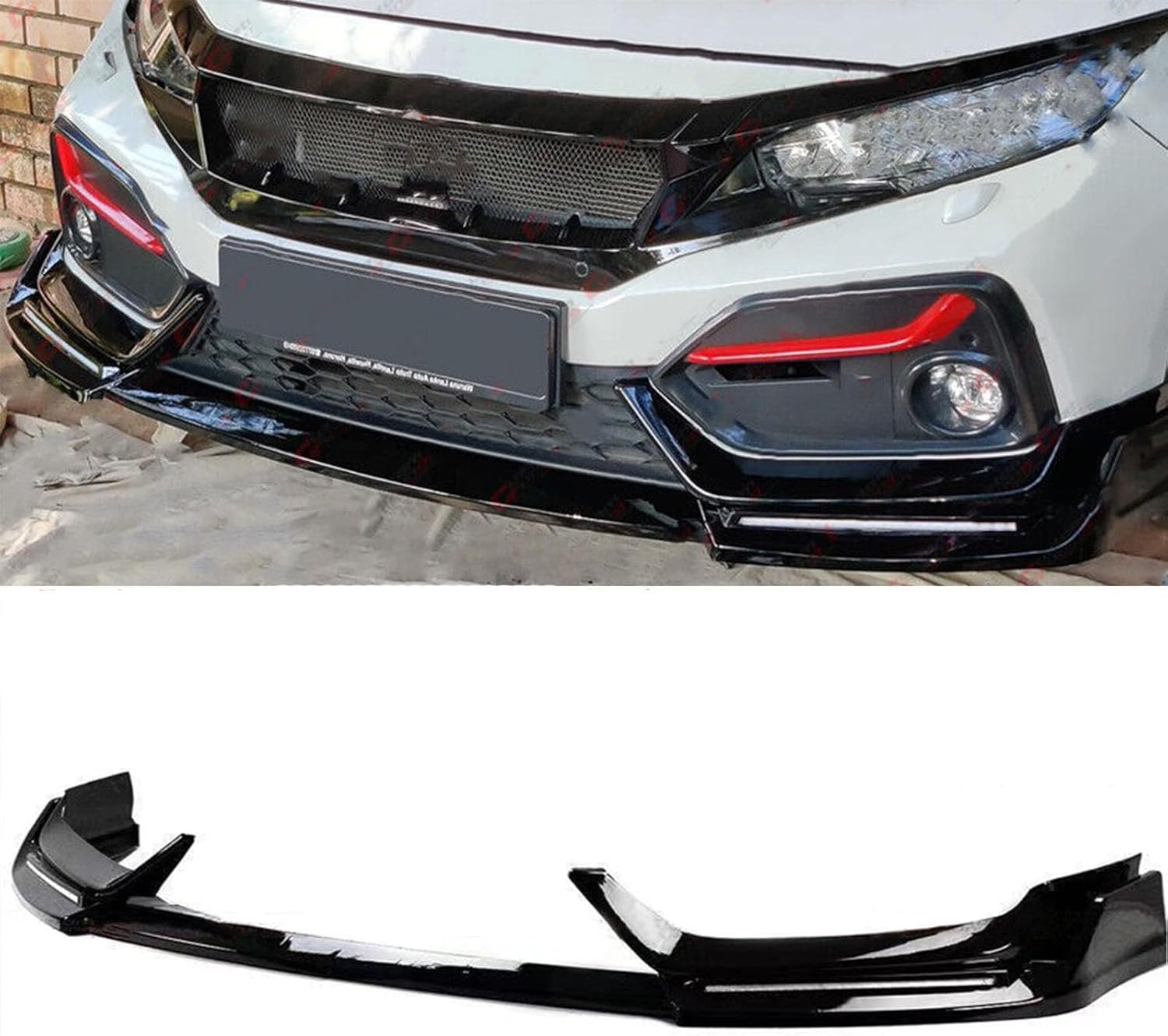 Front Bumper Lip W/Light Hatchback Front Bumper Spoiler Compatible with 2017-2021 Honda Civic Air Dam Spoiler Splitter Chin Diffuser Protector Body Kit,Glossy Black