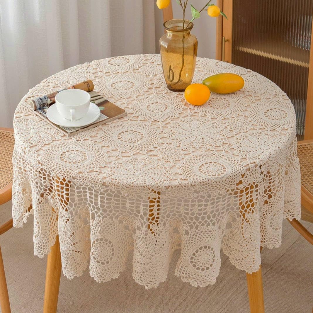 Hand Crochet Lace Round Tablecloth Decorative Handmade Rustic Farmhouse Cotton Beige Snowflakes Fabric Table Cover 52 inches Diameter