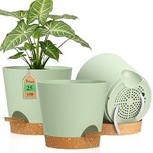 WSMKSZ 25cm Large Self Watering Plant Pots Indoor Outdoor, 3 Pack 10 inch Thick Plastic Flower Pots with Drainage Holes & Deep Reservoirs, Planters with Cotton Wicks for House Plants, Green Brown
