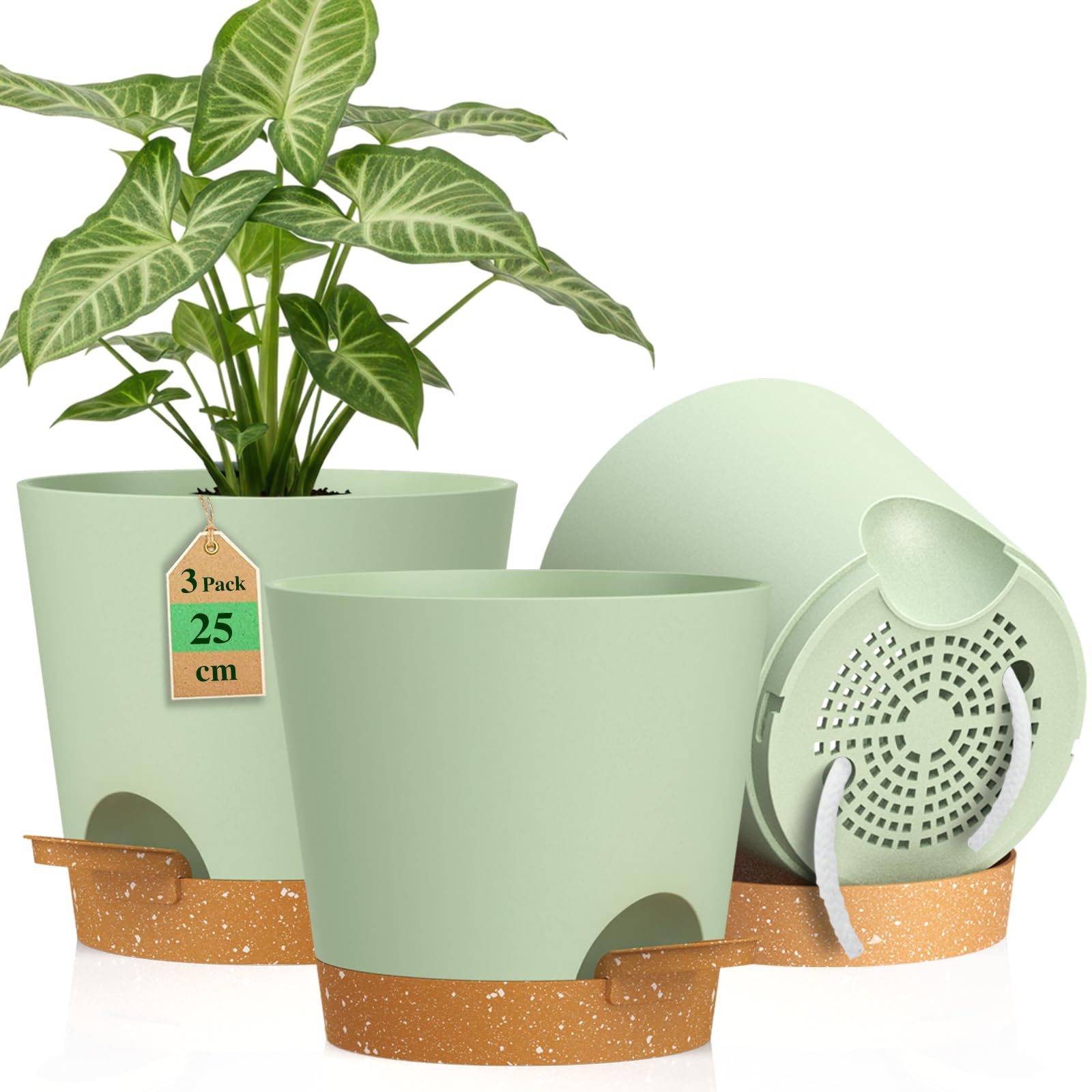 WSMKSZ 25cm Large Self Watering Plant Pots Indoor Outdoor, 3 Pack 10 inch Thick Plastic Flower Pots with Drainage Holes & Deep Reservoirs, Planters with Cotton Wicks for House Plants, Green Brown