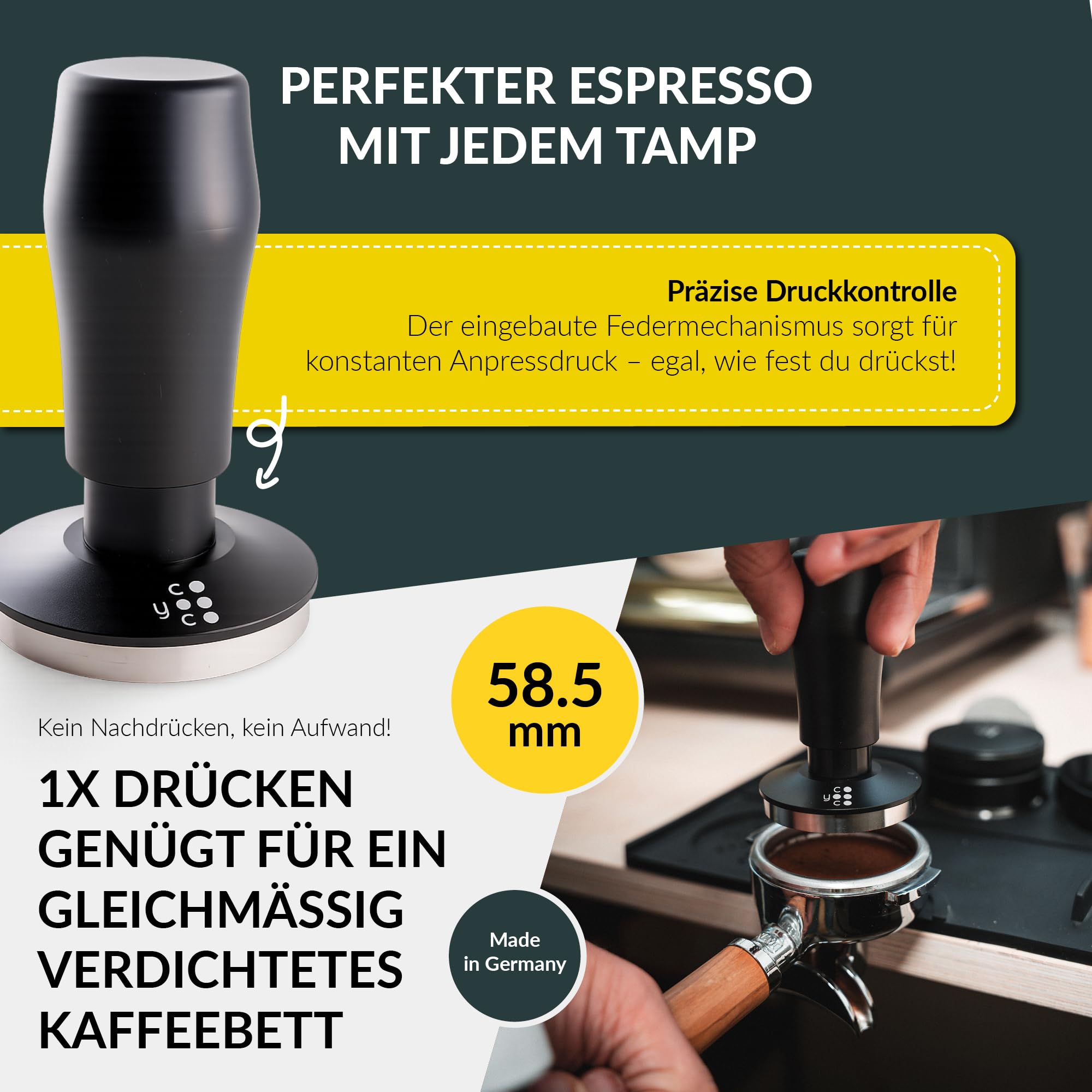 Coyooco Barista Tamper druckregulierend 58,5 mm - Siebträger Tamper mit Feder für gleichmäßigen Druck - Kaffeestempel mit ergonomischem Griff