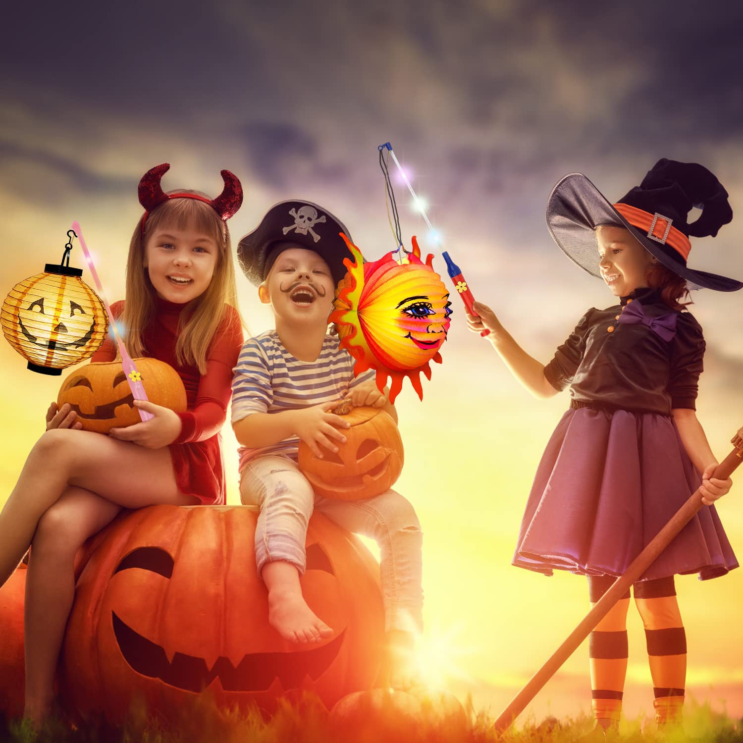 4 Bastoni Porta Lanterna LED Per Bambini – 20 Cm, Colori Rosso/rosa/blu, Con Gancio E Interruttore A Fiore – Per Halloween, San Martino, Natale