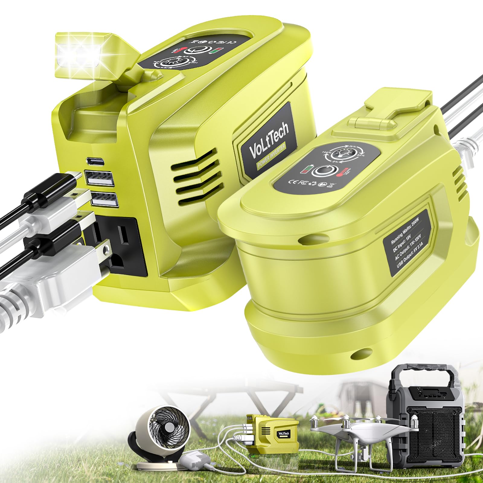 2 Packs Real 200W Power Inverter Compatible With Ryobi, VoLtTech Battery Inverter DC 18V to AC 110V Portable Phone Charger Generator Power Supply with