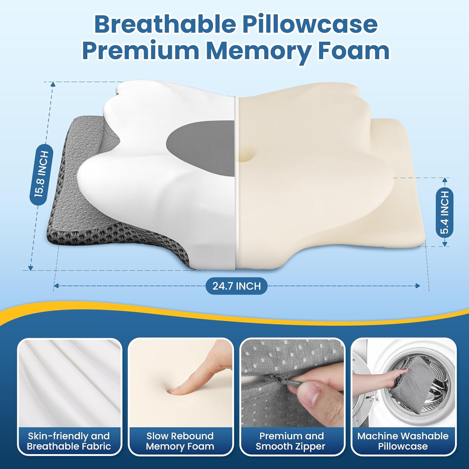 Camping Pillow, Cervical Neck Pillow, Memory Foam Neck Support Pillow for Side Back Stomach Sleepers, Orthopedic Contour Pillow for Sleeping, CertiPUR-US Certified, Queen Size, Grey - Image 4