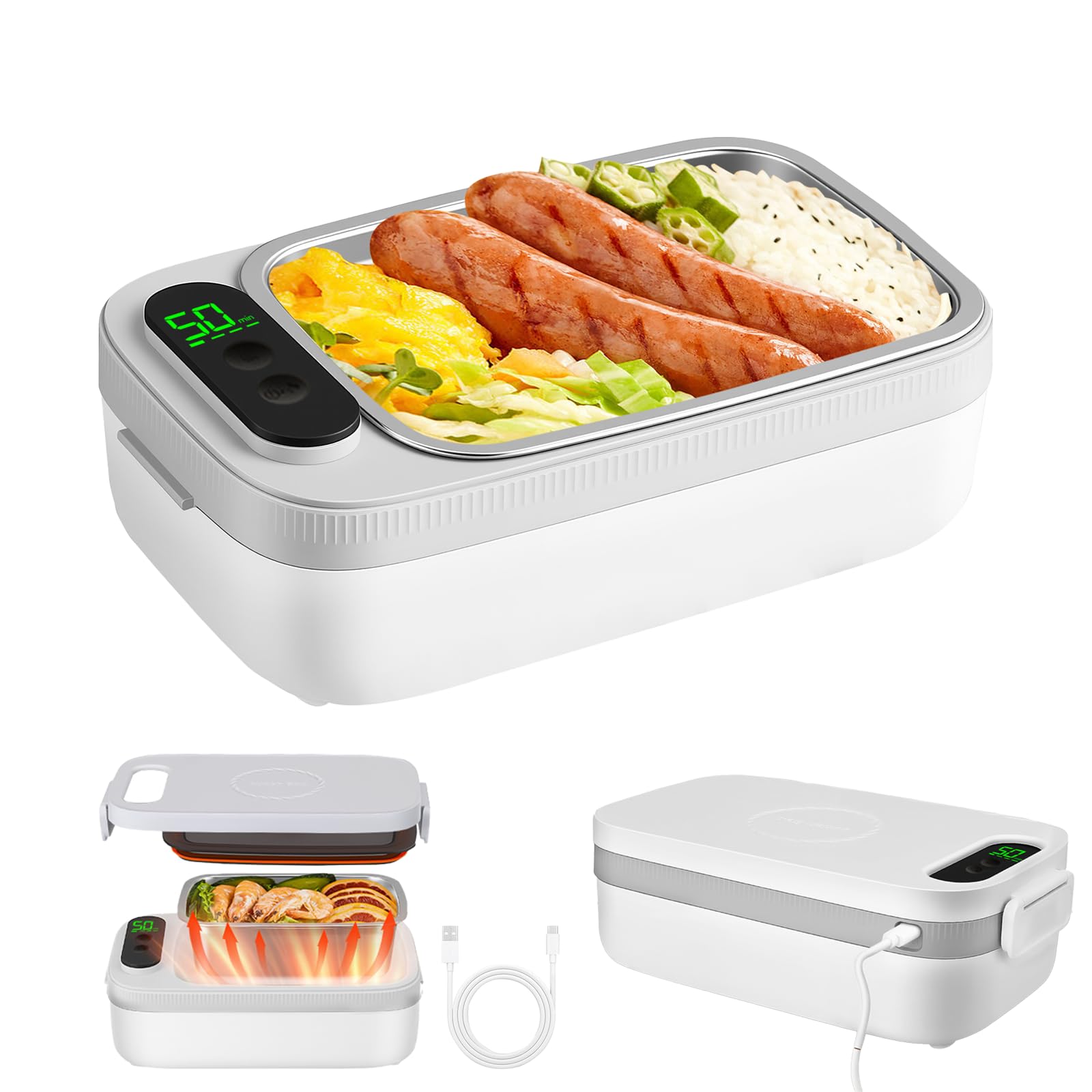 Gamelle Chauffante, 1L 60W Lunch Box Chauffante, Boîte à Déjeuner électrique Acier Inox pour Adultes, Hommes et Femmes, Chauffage Rapide Gamelle pour Bureau, École, Voyage, Voiture