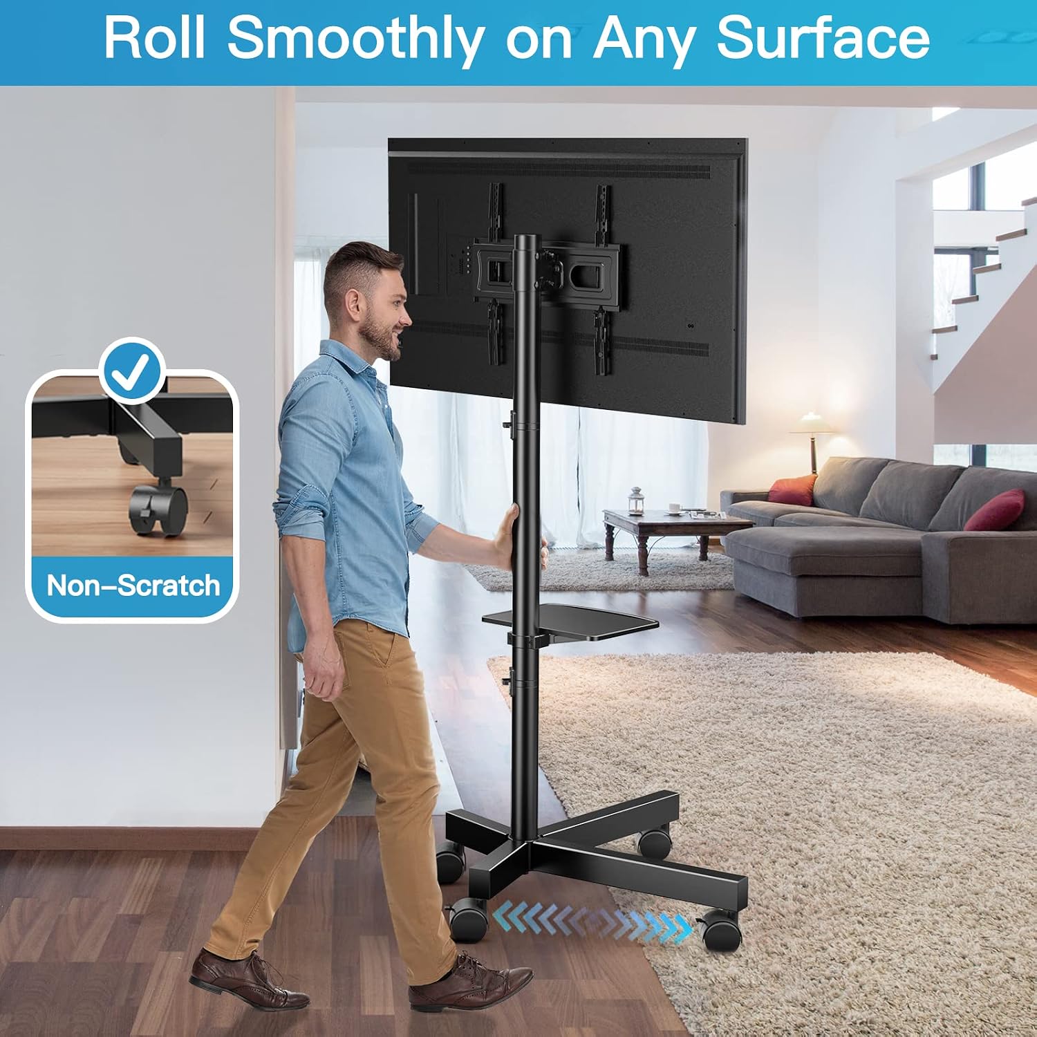 PERLESMITH Mobile TV Stand for 23-60 Inch LCD LED Flat/Curved Panel Screen TVs, Tilt TV Cart Holds up to 88Lbs Portable TV Stand with Laptop Shelf Rolling Floor TV Stand Max VESA 400x400mm (PSTVMC06)