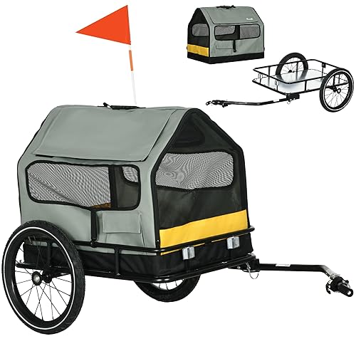 Aosom 3 in 1 Dog Bike Trailer, Pet Cargo, Pet House with Safety Leash, Hitch, Quick-Release Wheels, Flag, Reflectors, Cushion, Dog Wagon for Small Dogs, Grey