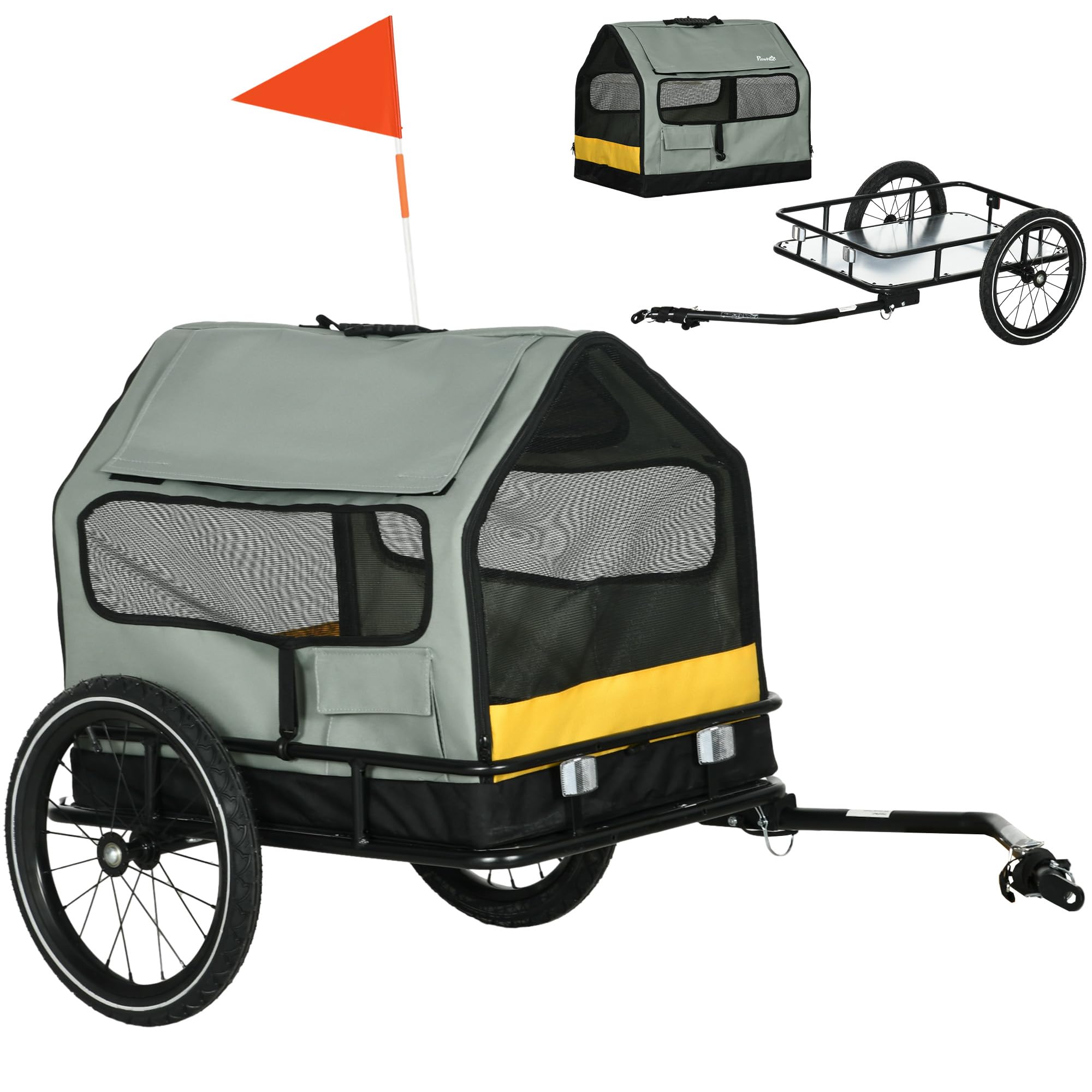 PawHut Rimorchio per Cani 3 in 1 con Casetta per Cani, Rimorchio Bici e Rimorchio per Cani Taglia Piccola, Bandierina e Catarifrangenti, Grigio