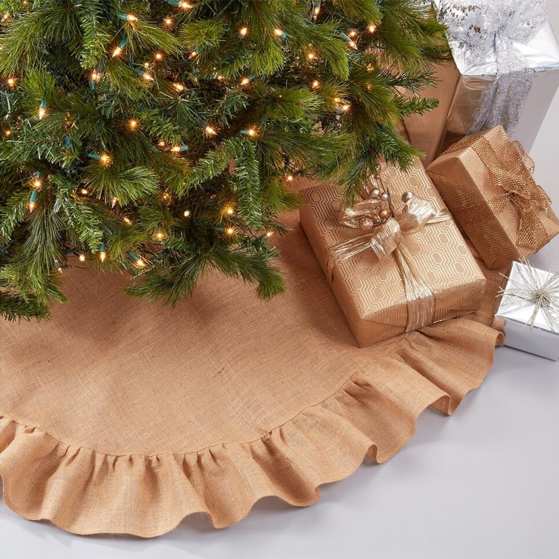Fennco Styles Holiday Décor Ruffled Jute Christmas Tree Skirt 72" Round - Natural Burlap Tree Skirt for Home, Office, Outdoor, Winter Holidays and Special Occasions