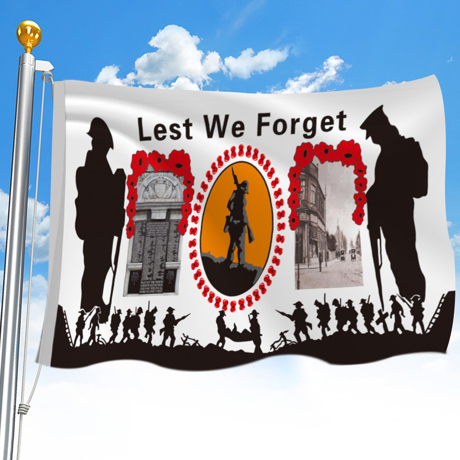 Lest We Forget Flagge – 150x90 Cm, Mit Mohnblumen, Polyester, UV-beständig, Mit Ösen Zum Aufhängen