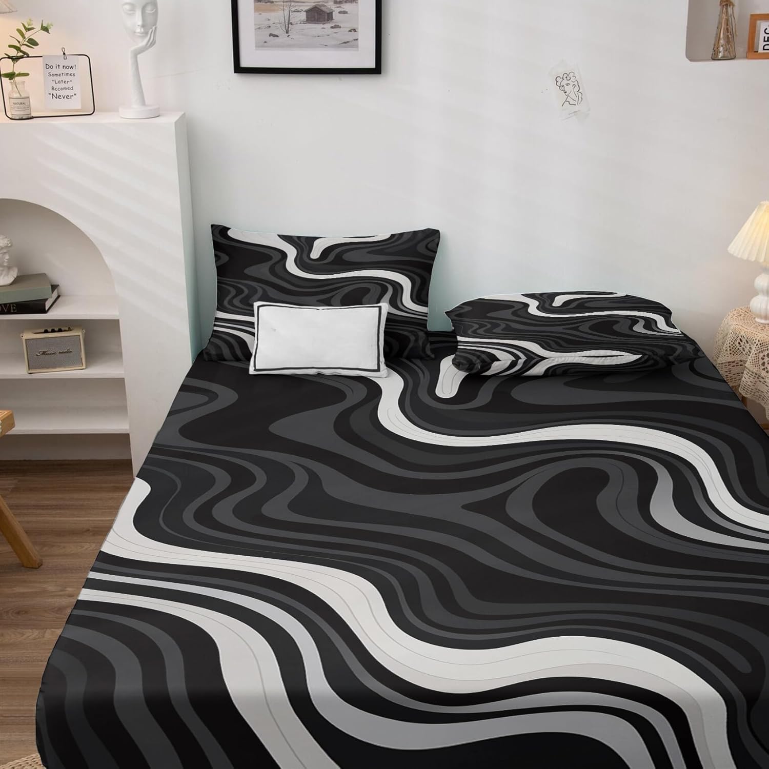 Black and White Sheets Queen Sheet Set - Optical Illusion Bed Sheets, Soft Microfiber & Deep Pocket & Wrinkle Free Bedding Sheets & Pillowcases, 1 Fitted Sheet, 1 Flat Sheet, 2 Pillow Cases