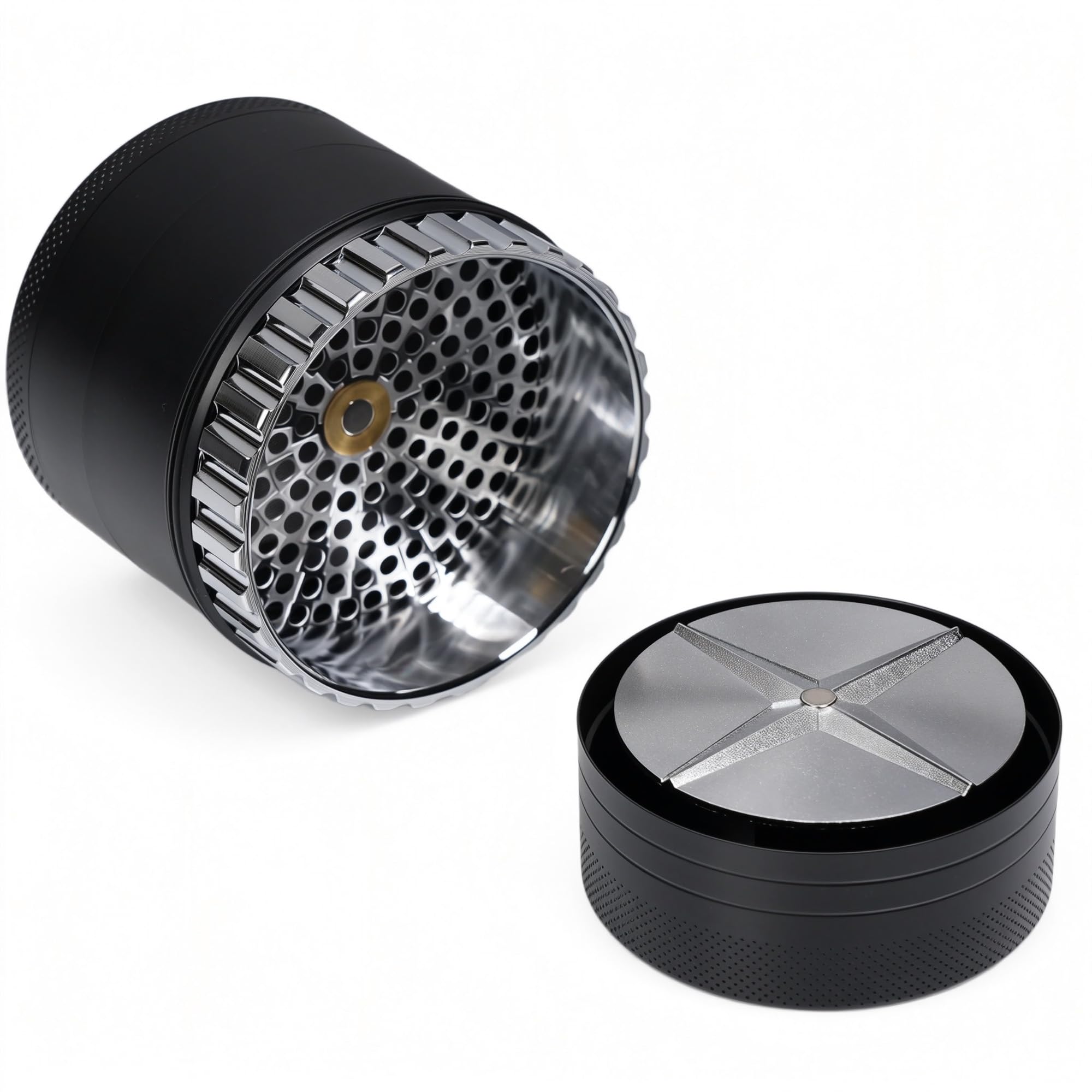 5-Layer Toothless Herb Grinder - Premium Aluminium Gewürzmühle mit Pollenfänger, Smooth Grind Technologie, Inklusive Schaber & Bürste, Schwarz
