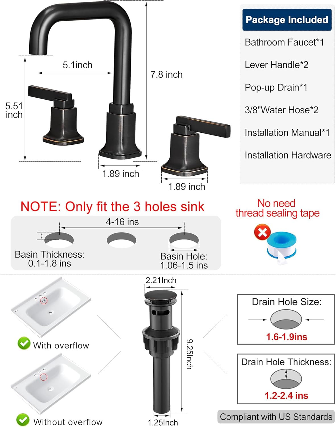 Widespread Bathroom Faucet 3 Hole Oil Rubbed Bronze, 360 Degree Swivel 4-8 Inch Faucet for Bathroom Sink with Pop-Up Drain, 2-Handle for Vanity Farmhouse Lead-Free, 5 Mins Installation