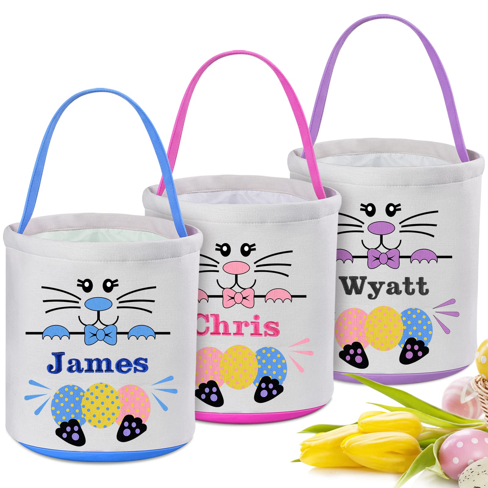 VAPCUFF 3 Pcs Personalized Easter Baskets for Kids, Boys Girls Easter Bunny Basket, Canvas Material, Blue, Pink, Purple
