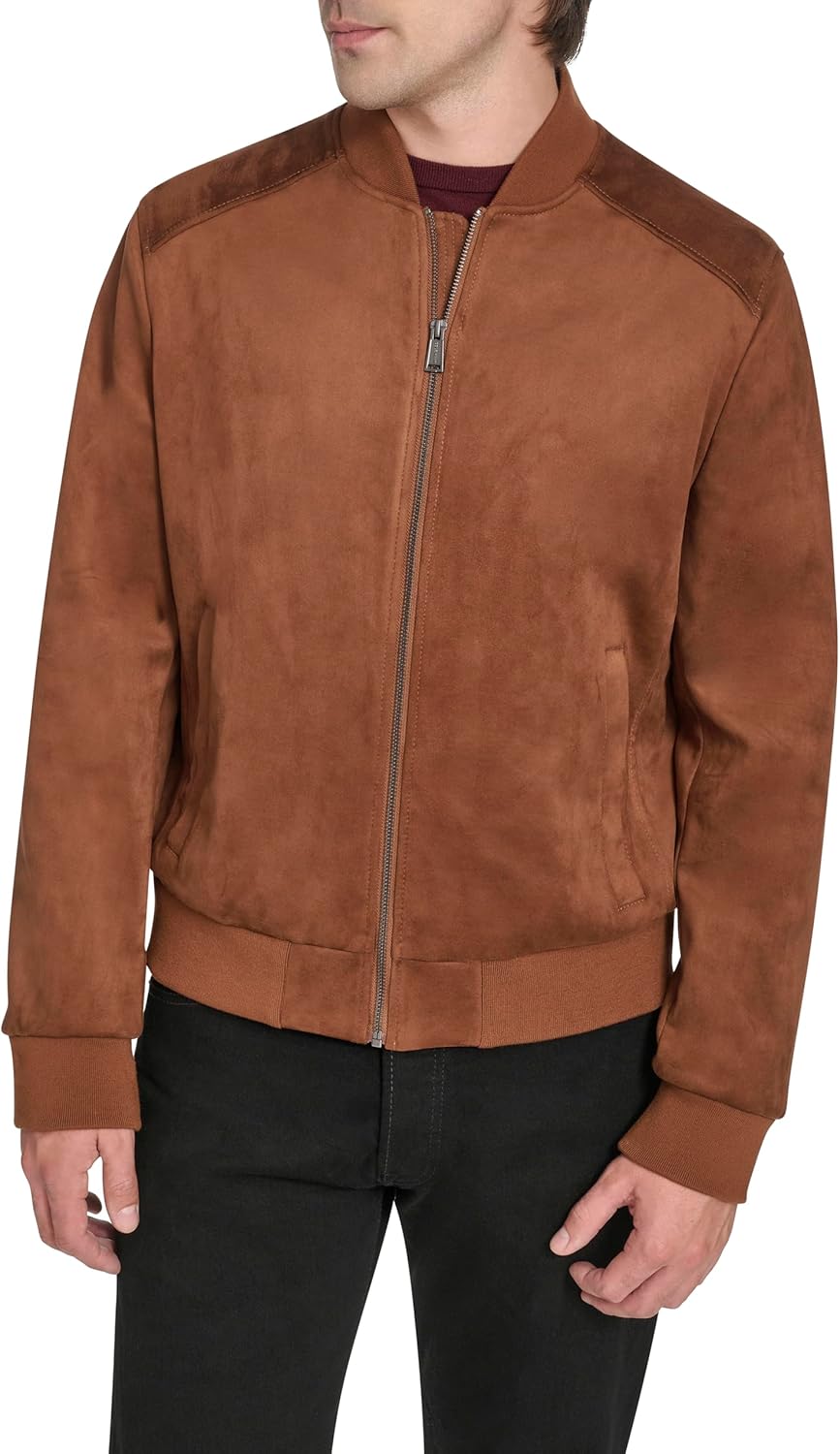 Cole Haan Men's Rib Knit Collar Fully Lined Faux Suede Jacket