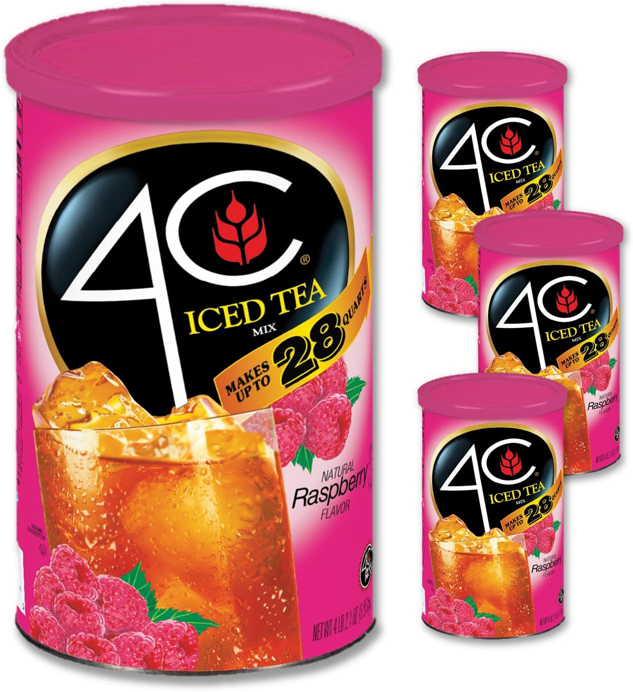 4CPowdered Drink Mix Cannisters, Raspberry Tea 3 Pack, 28 Quarts, Family Sized Cannister, Thirst Quenching & Refreshing Flavors