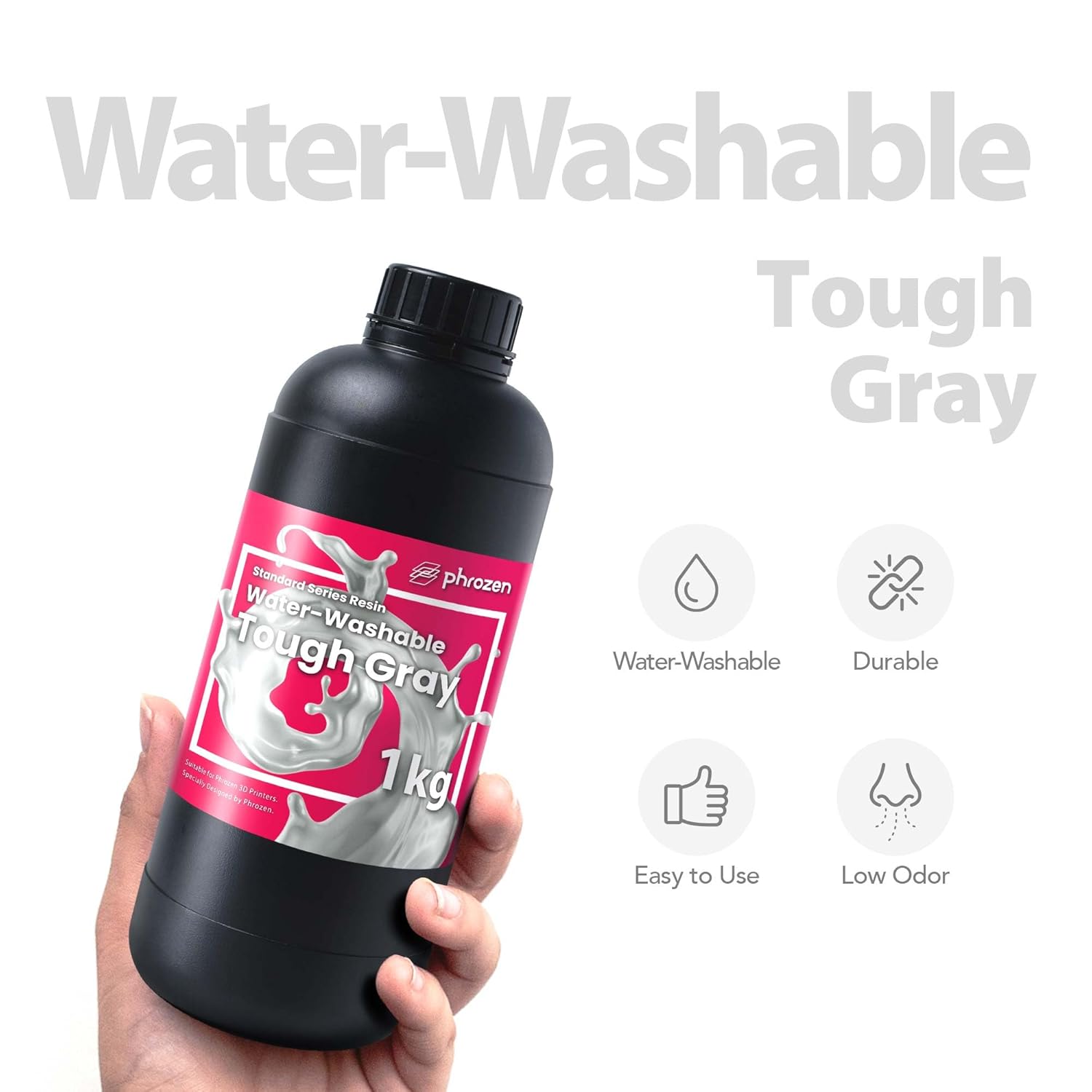 phrozen 3D Printer Water-Washable Rapid Resin [Tough Gray], 405nm LCD UV-Curing Photopolymer Resin, Strong Impact Resistance, High Flexibility, Low Odor, Non-Brittle, Easy to Clean and Cure (1KG)
