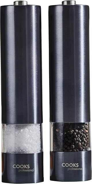 Cooks Professional Electric Automatic Salt & Pepper Mill Set with Adjustable Grinding, Easy to Refill, One Touch Button Condiment Grinder (Graphite)